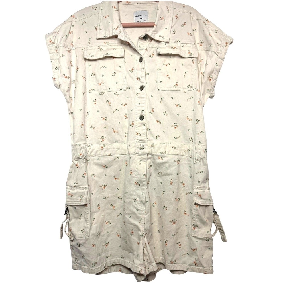 Celebrity‎ Pink Romper Womens XXL Ivory Floral Cargo Utility Denim Jumpsuit